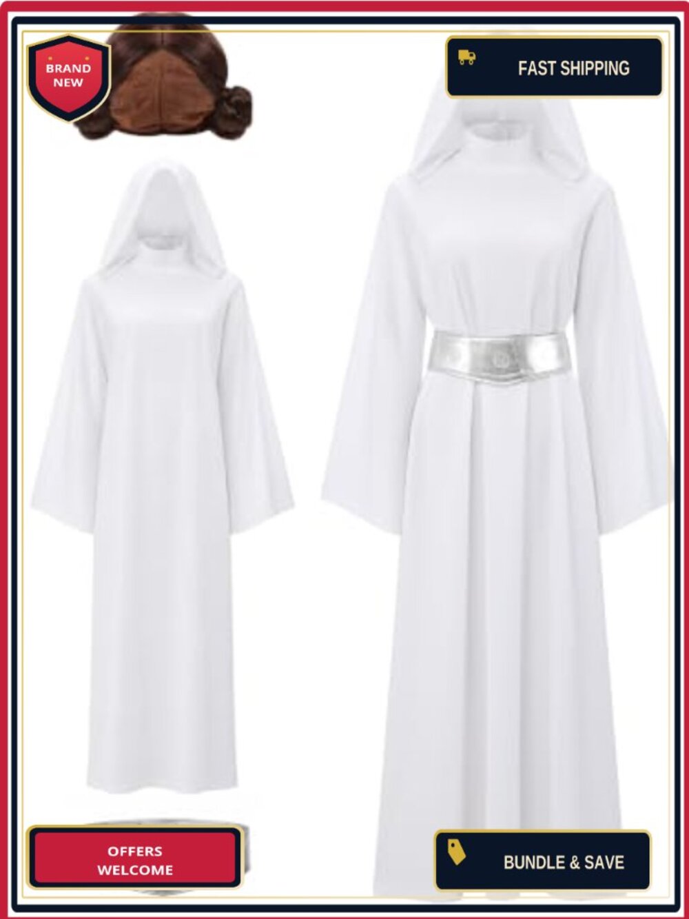 Adult Princess Costume Hooded White Robe Wig Belt 3Piece Women's Halloween